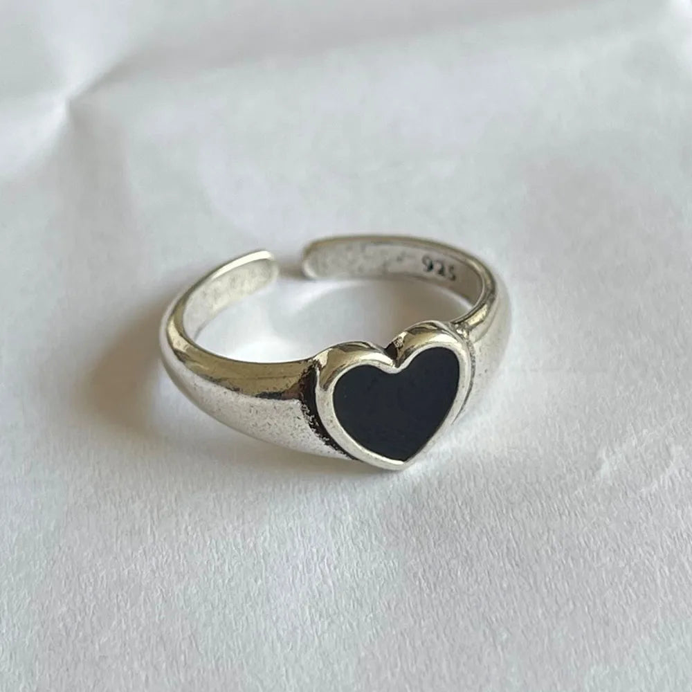 925 Sterling Silver Finger Black Heart Ring